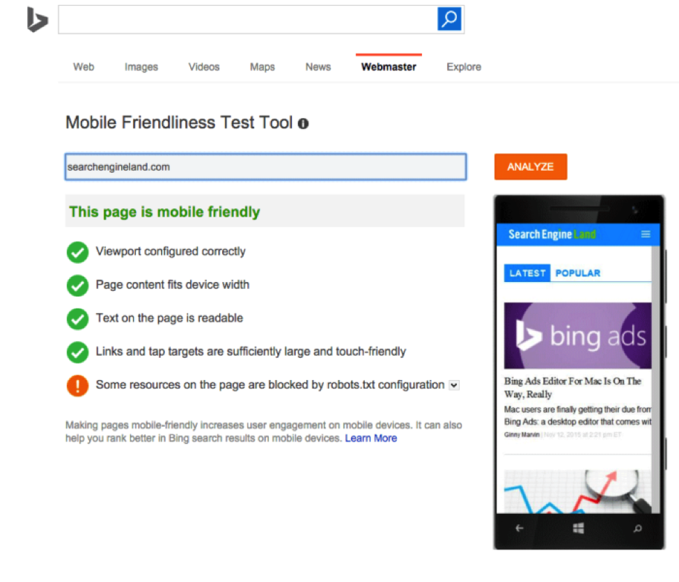 Bing Mobile Friendly Testing Tools