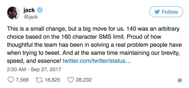 Jack's tweet regarding moving to 280 character limit