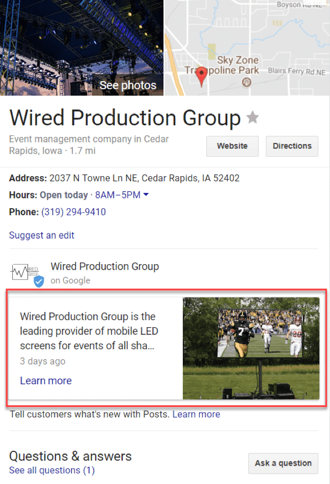 Google Posts example